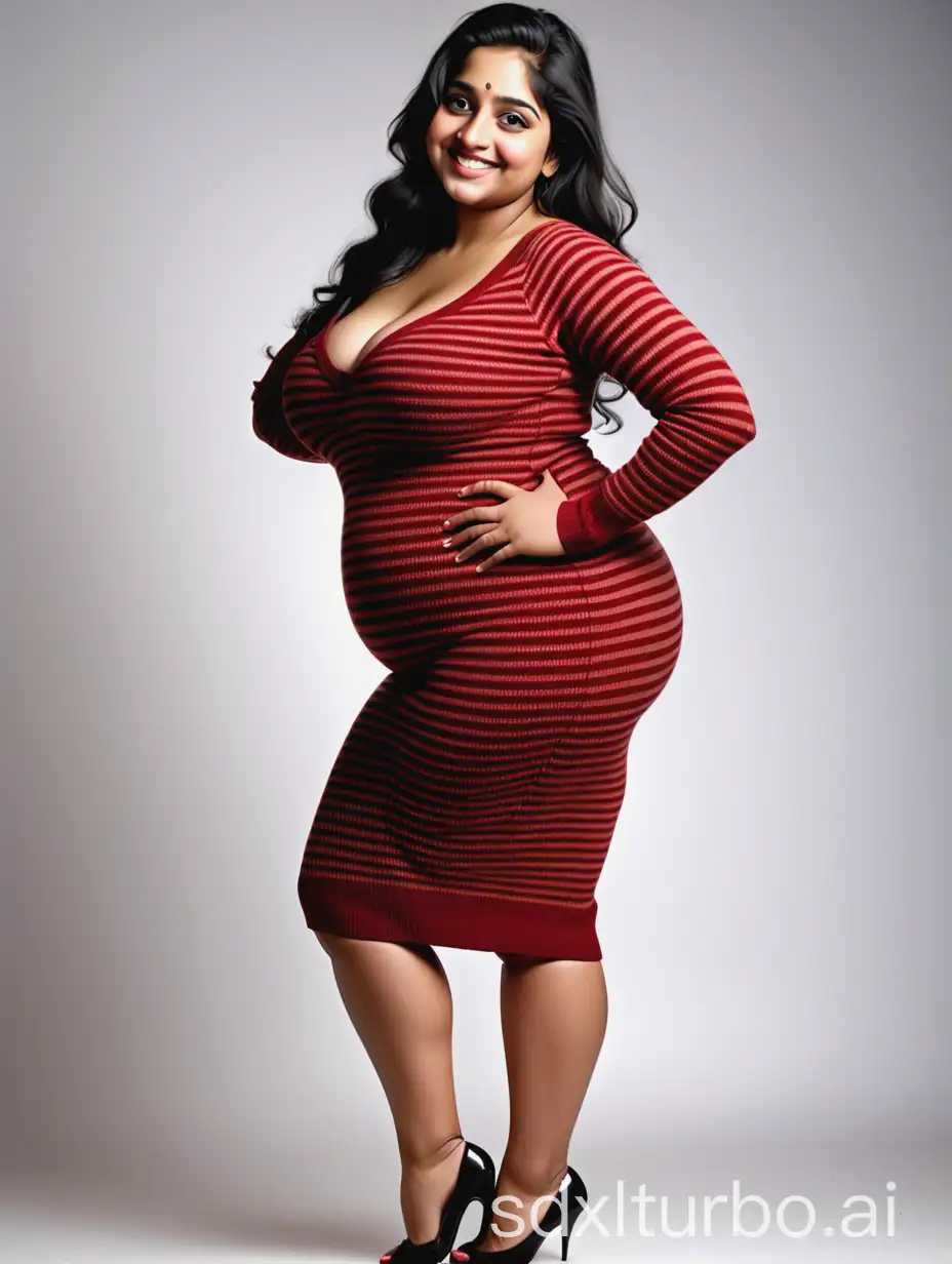 A curvy, voluptuous, beautiful, young, obese Indian woman stands in her long red striped sweater-dress. Her bosom is enormous. Her hips are wide. Her bottom is enormous. Back view. Her triple-chin is prominent. She is shy with a beautiful smile.