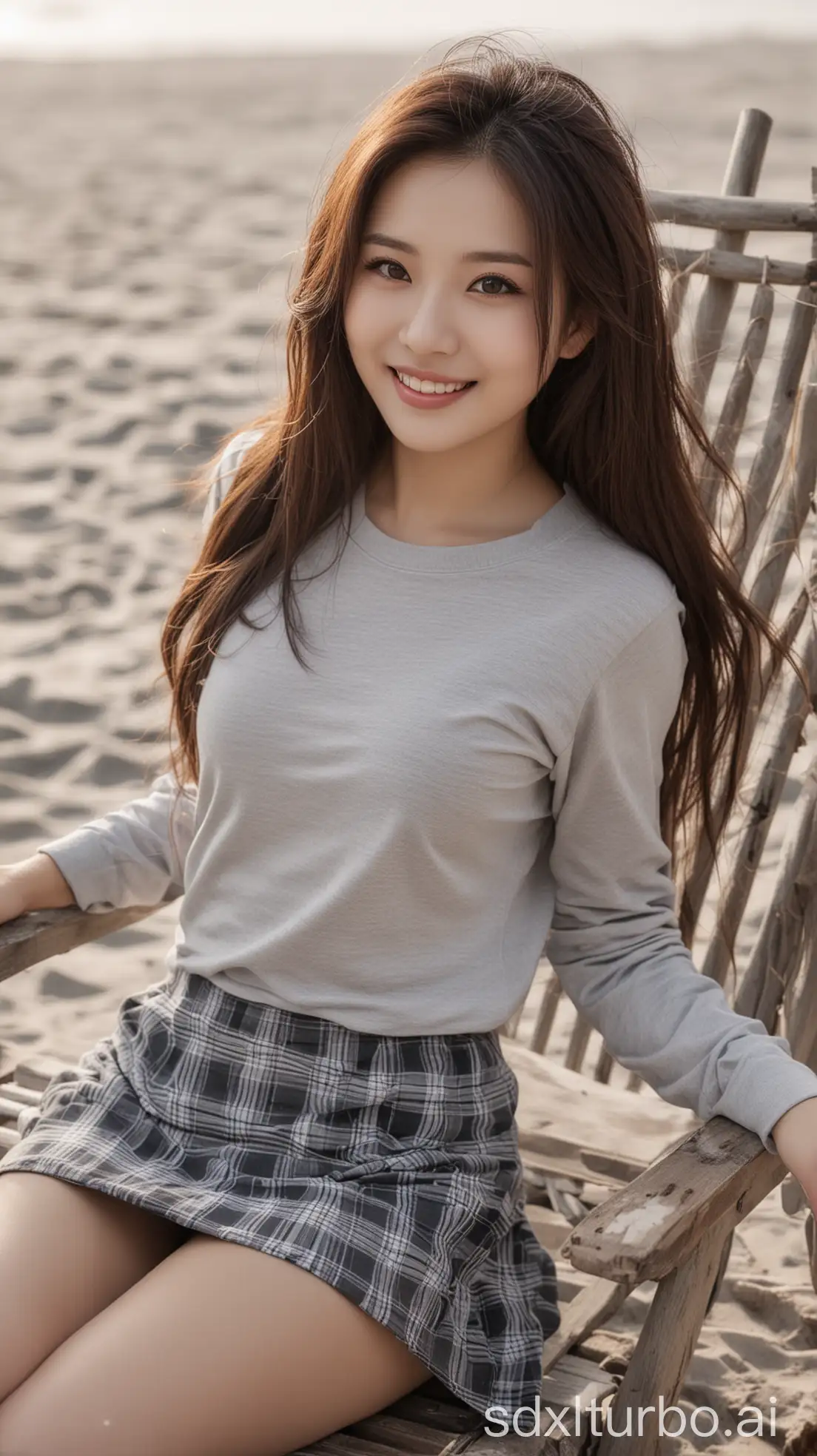 Chinese-Beauty-in-Winter-Fashion-Relaxing-on-a-Beach-Chair-with-a-Sweet-Smile