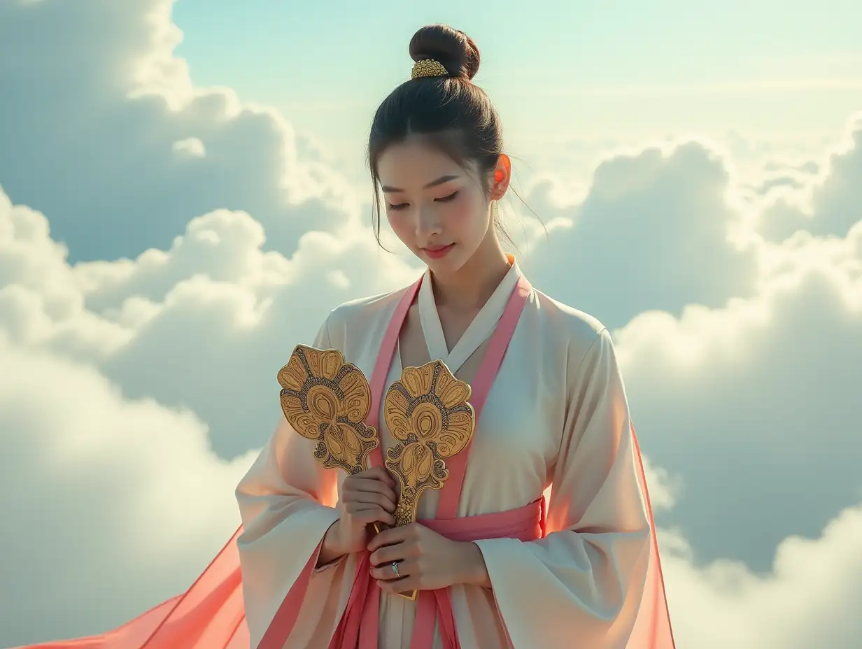 A woman in ancient Chinese general attire, holding two copper mirrors, standing above the clouds, looking downwards.