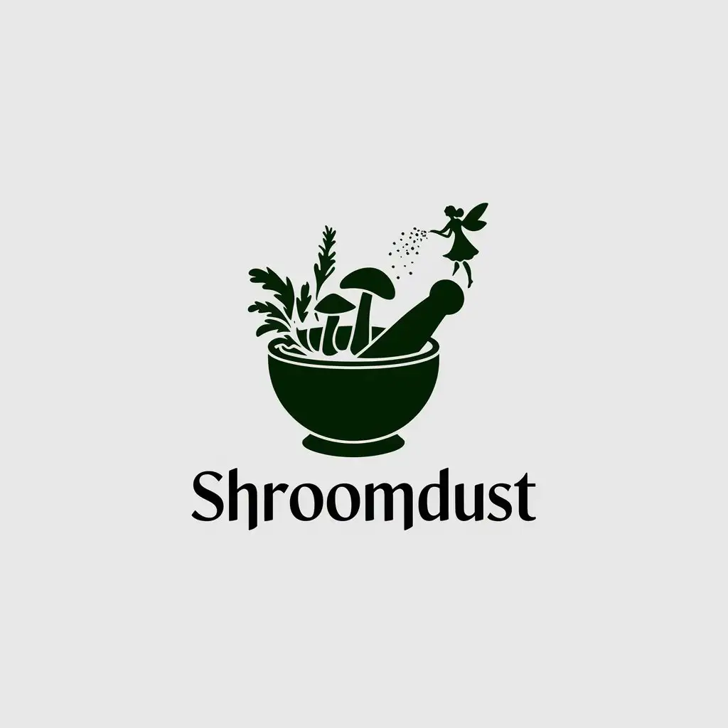 LOGO Design for SHROOMDUST Minimalistic Mortar Pestle with Mushrooms Herbs and Fairy Dust Theme