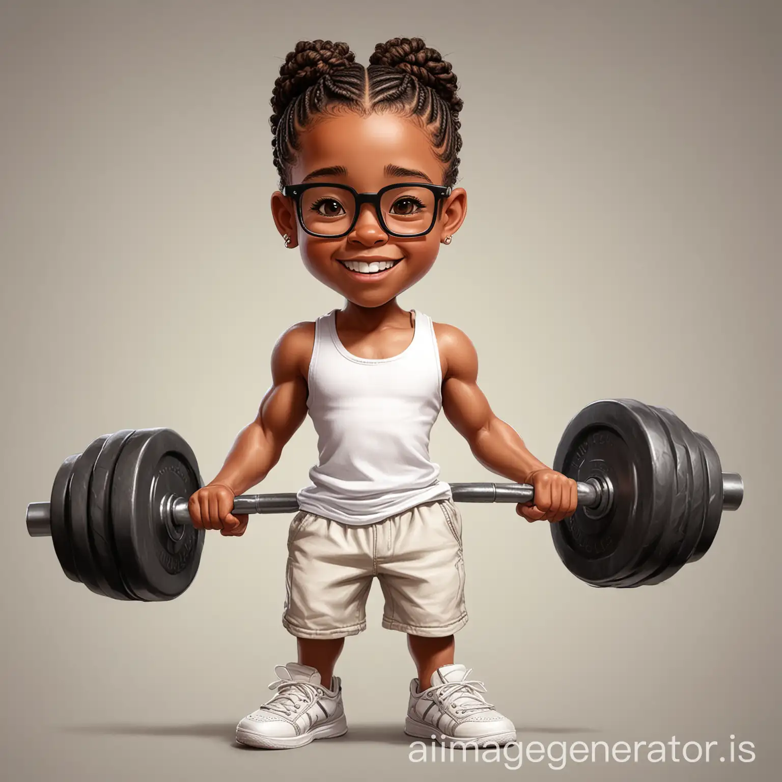 a cartoon illustration of an African-American 10 yr old little boy with CORNROW BRAIDS lifting heavy weights, muscular build, wearing a white tank top and sweat pants, and school glasses, with a cheerful and energetic expression