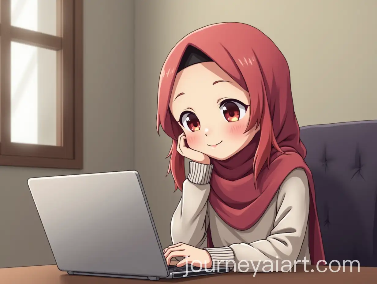 Young-Hijabi-Girl-Using-Laptop-in-Anime-Style