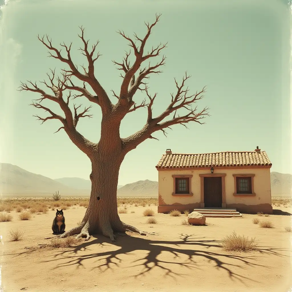 Old-Tree-in-Desert-by-a-House-with-Guarding-Cat-in-Vintage-Photo-Style