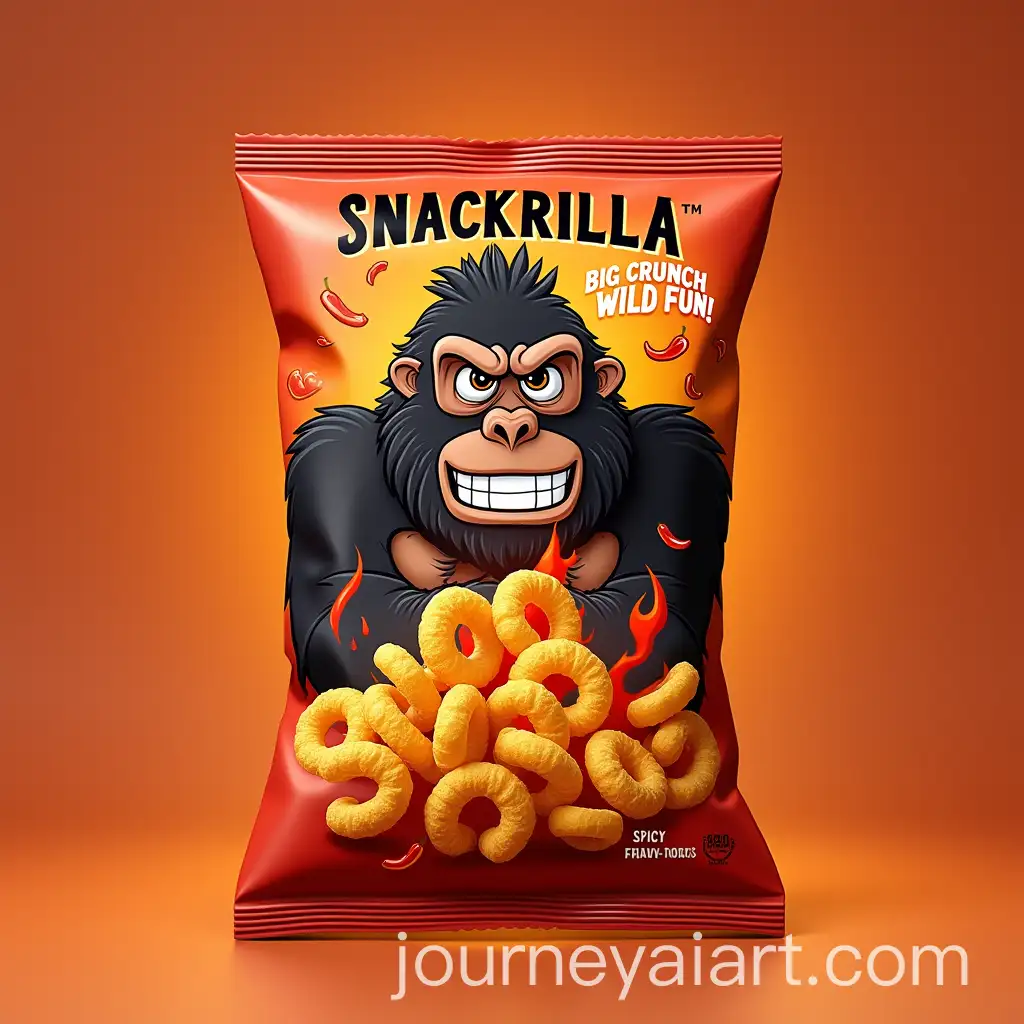 Packaging-Design-for-Spicy-Corn-Puff-Snack-Snackrilla-Featuring-Bold-Cartoon-Gorilla