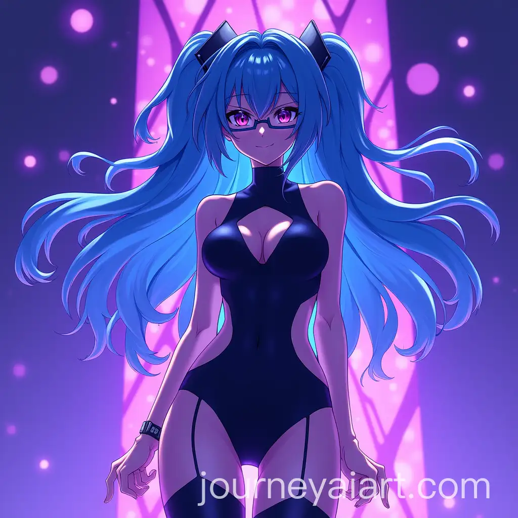 Stylized-Anime-Girl-with-Blue-Hair-and-Glasses-in-Futuristic-Purple-and-Blue-Background