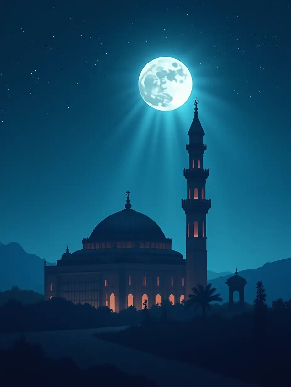 moonlit mosque with starry sky, soft light rays, moon