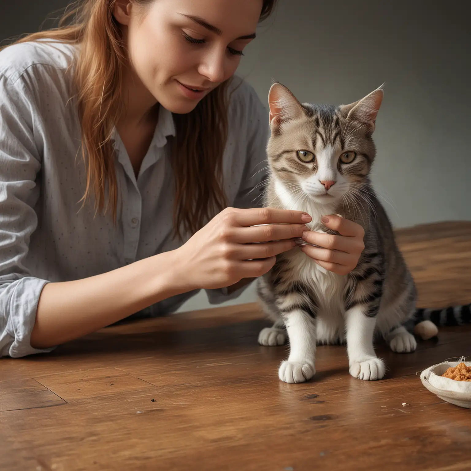 Woman-Petting-Cat-on-Table-in-Photorealistic-Style