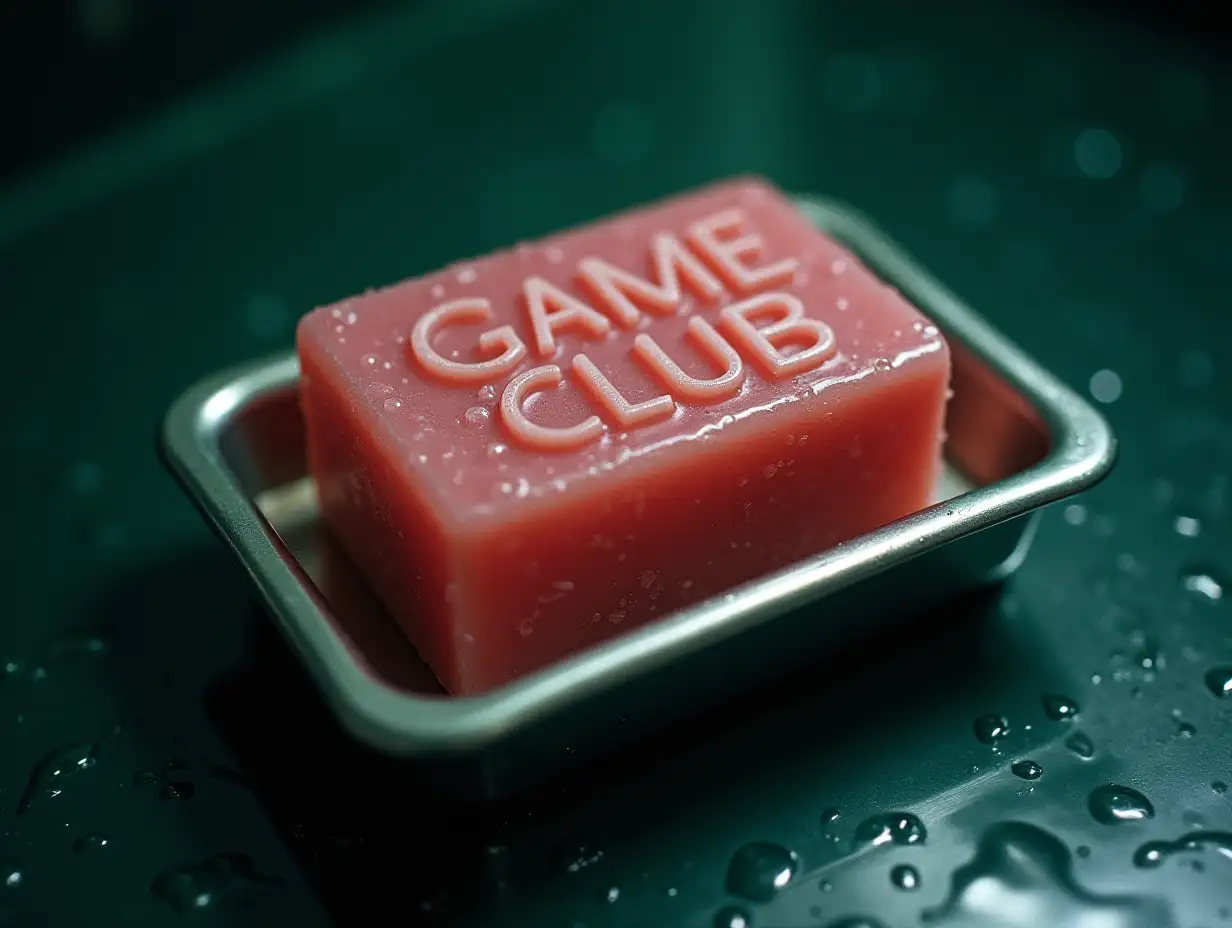 A hyper-realistic wet pink soap bar on a small, flat rectangular steel soap dish. The soap has 'Game Club' deeply carved in bas-relief, mimicking the iconic Fight Club movie poster font. Captured with a Canon EF 50mm macro lens, showcasing intricate details and water droplets. Extreme chromatic aberrations, emphasizing red and blue color fringing. Shot on grainy Kodachrome film with cross-processed effect, enhancing contrast and color shifts. Ultra-shallow depth of field, focusing sharply on the soap's carved text. Set in a gloomy, dark environment with a sickly green color cast. The lighting is low and moody, accentuating the soap's texture and the metallic sheen of the dish.