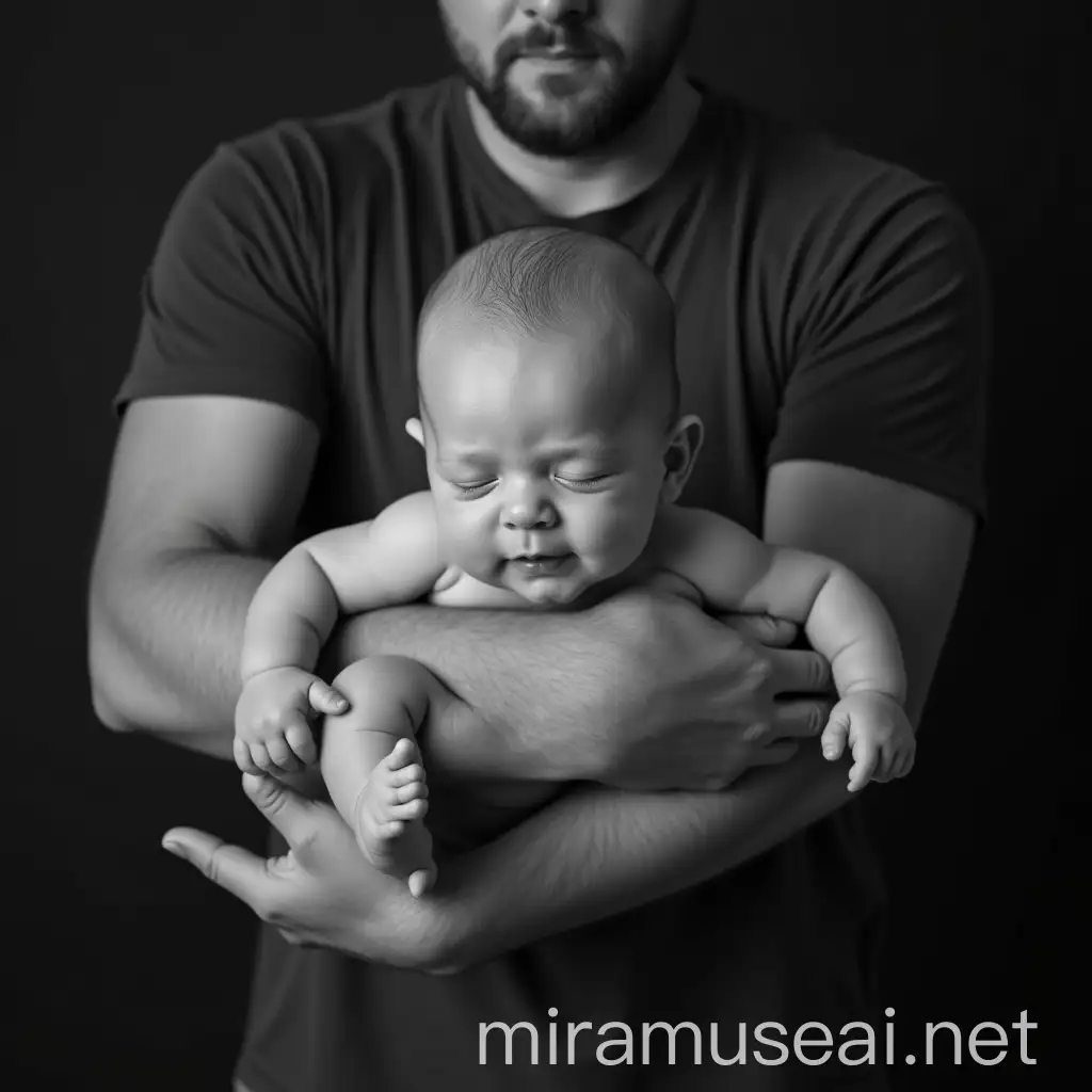 Hyperrealistic Black and White Photo of Baby Held in Hands