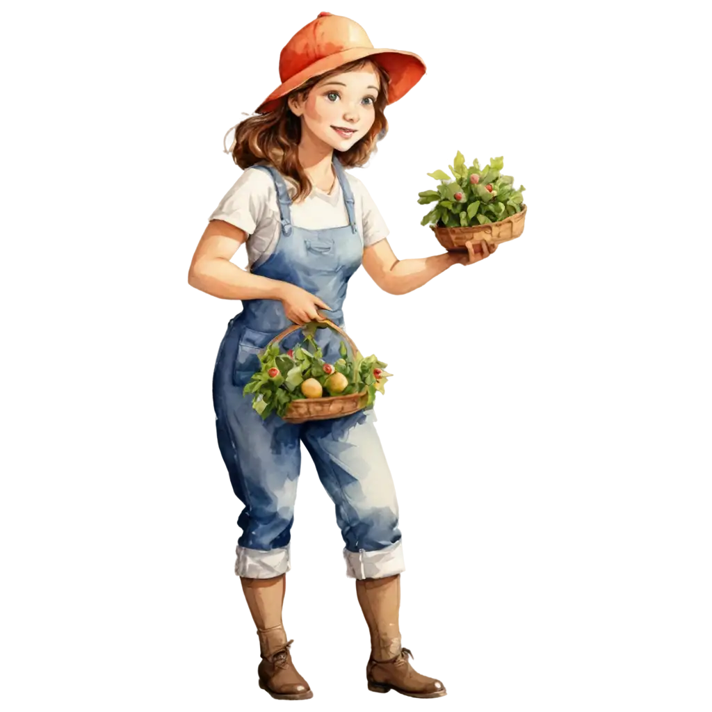 Female farmer in uniform picking fruits from bushes in garden, watercolor clipart illustration with isolated
