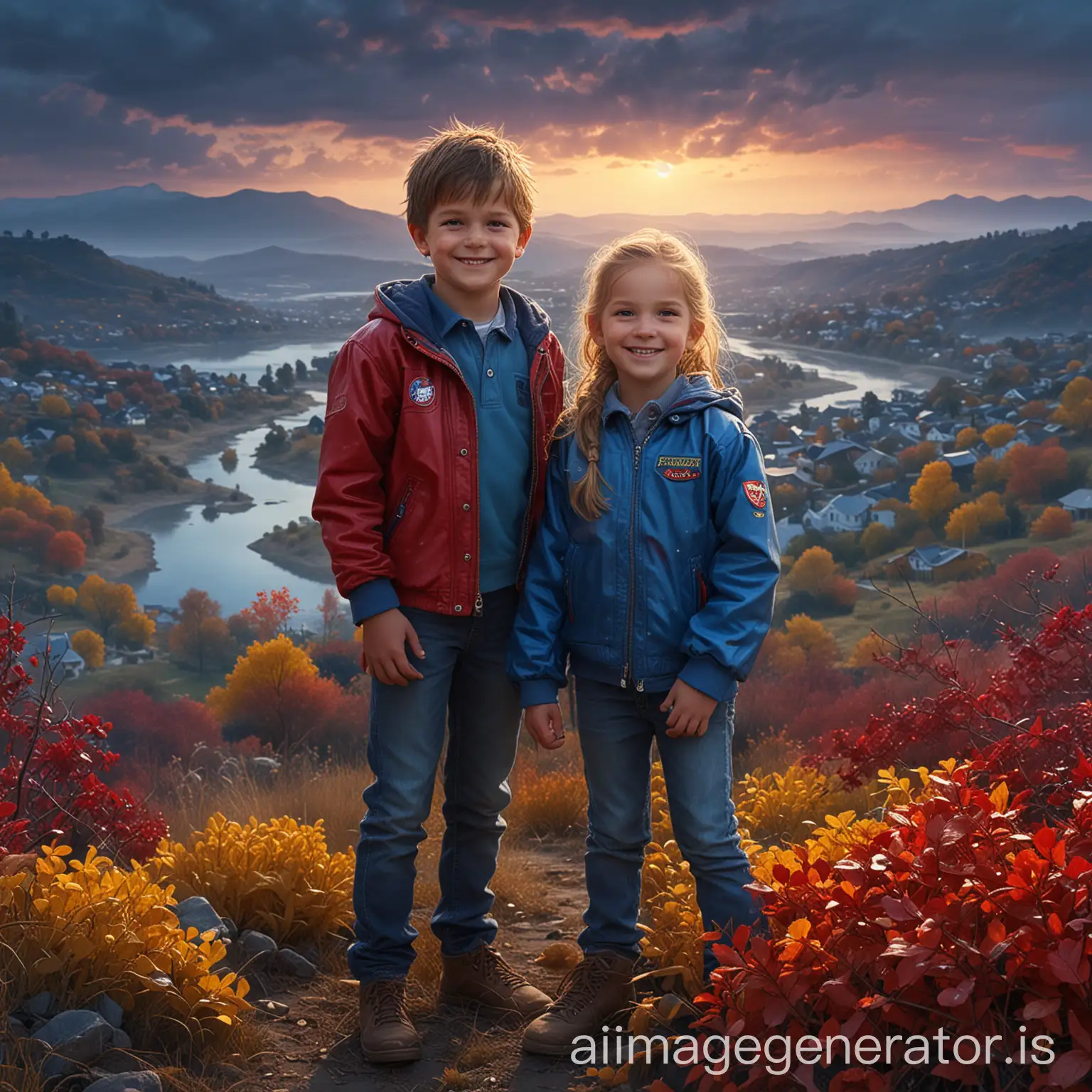 brother and sister, 7 years old, smiling, purple jackets, nice autumn day, ((shades of blue)),  (((high resolution))), (((much details))), colorful lights, (red-blue-yellow glowing), shiny, (much details), (high resolution), (((masterpiece))), ((best quality))), ((rich colors)), (((photorealistic))), (blue sky), (dew drops),  (droplets), (purple flowers), (blue vines), (red leaves), (yellow bushes), (white clouds), (((all around))), (((in the background))), (distant hills), (fog), (mist), (sunset), (supernatural)