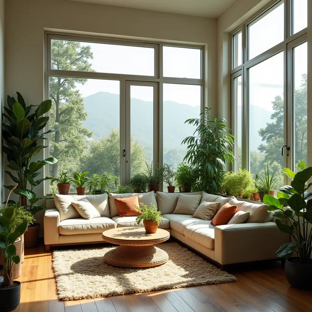 Large living room with many plants