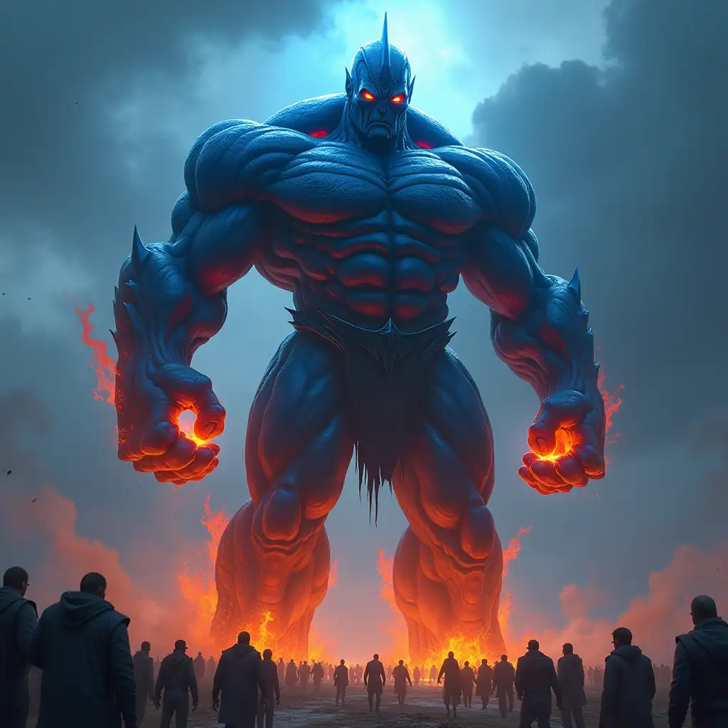 titan large muscles, blue burning skin glowing eyes 10 meters tall, many people