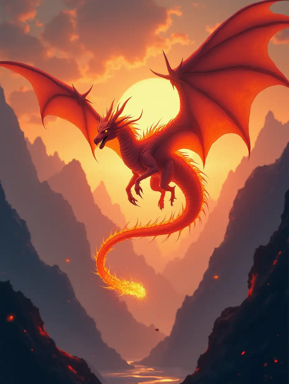 Huge flame dragon flying between mountains