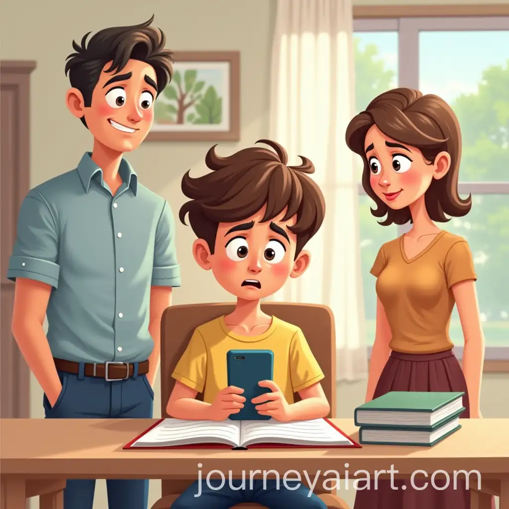 Middle-School-Boy-Distracted-by-Smartphone-While-Parents-Look-on-with-Concern