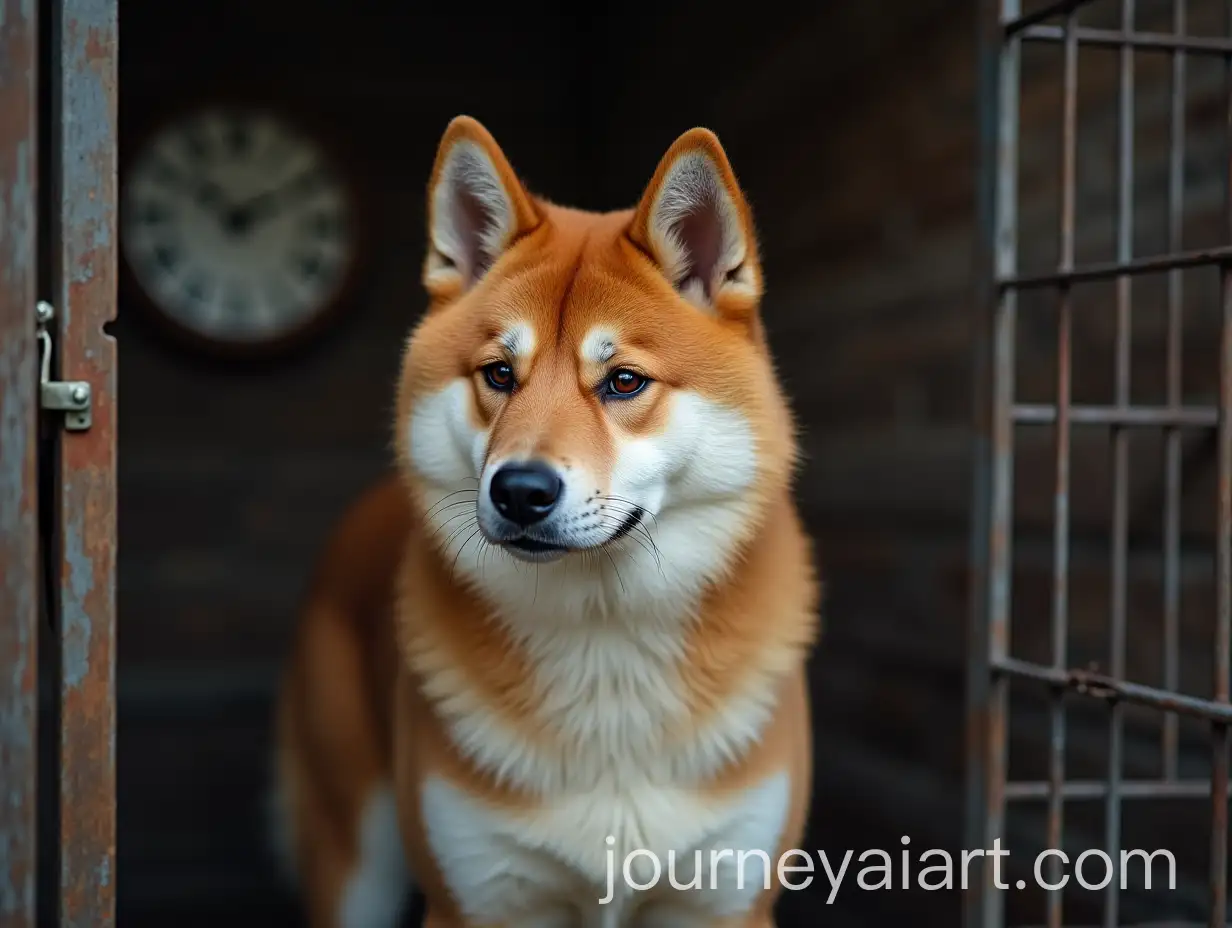 Sad-Japanese-Akita-Dog-in-Open-Cage-with-Clock-Background