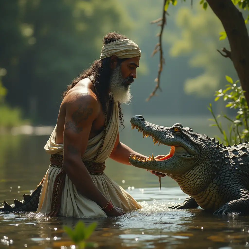 Create an image depicting a central figure from ancient Hindu Mahabharat, crocodile attacks a 40 year old teacher(sage) riverside. Realistic, detailed skin.