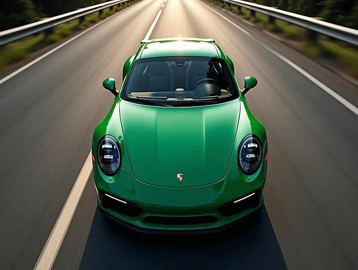 Aerial-View-of-a-Porsche-911-on-a-GreyBlack-Road-Surrounded-by-Green-Tones