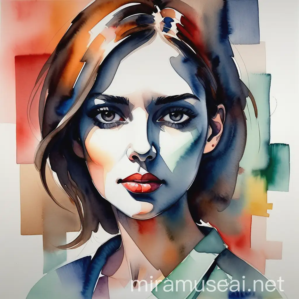 Contemporary Art House Portrait of Woman in Abstractionist Watercolor