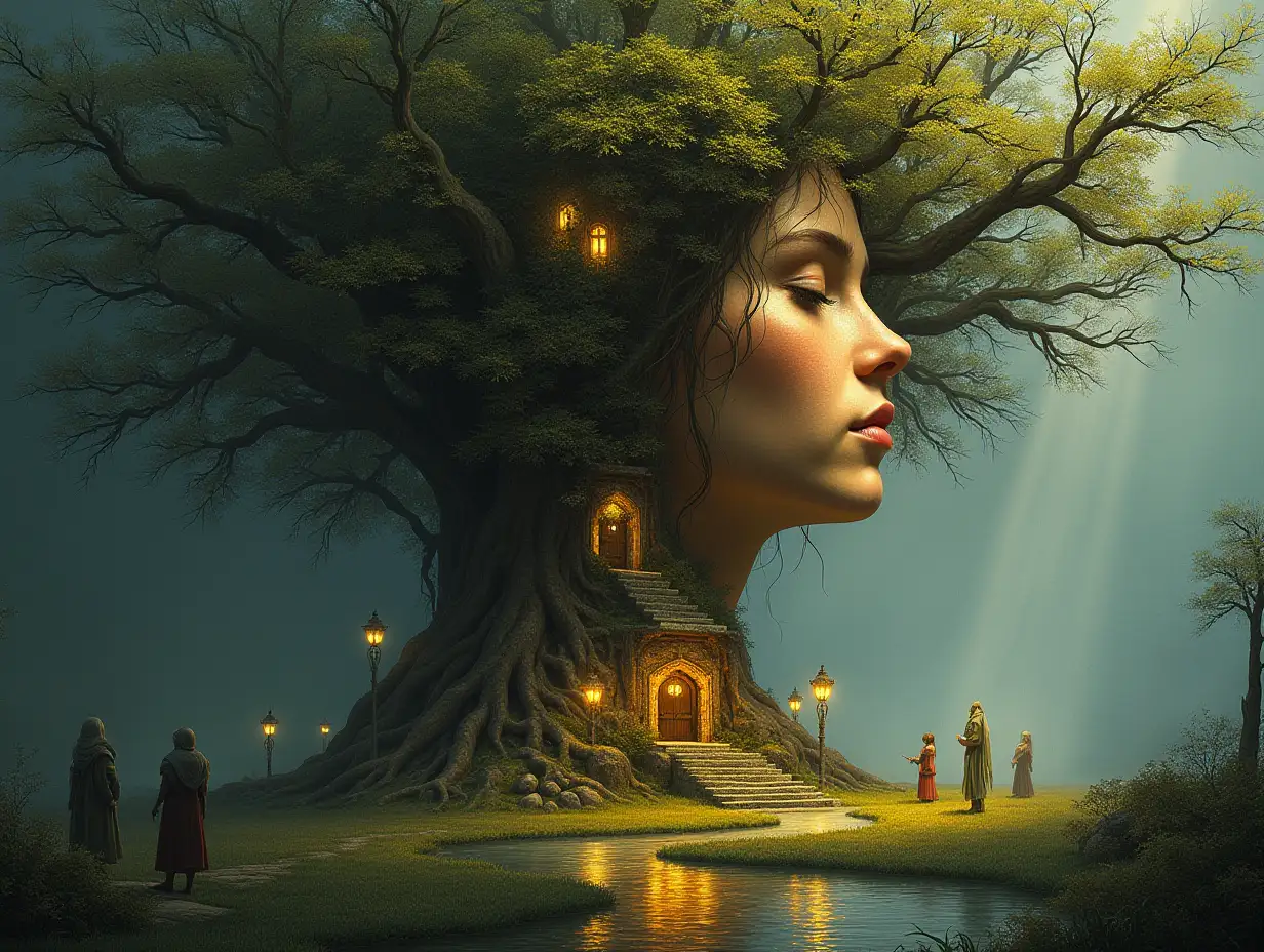 Creating a digital painting of a face with hair, that transforms into a building with gold stones and illuminated trees with roots river and lanterns and strange faerie beings on a lawn