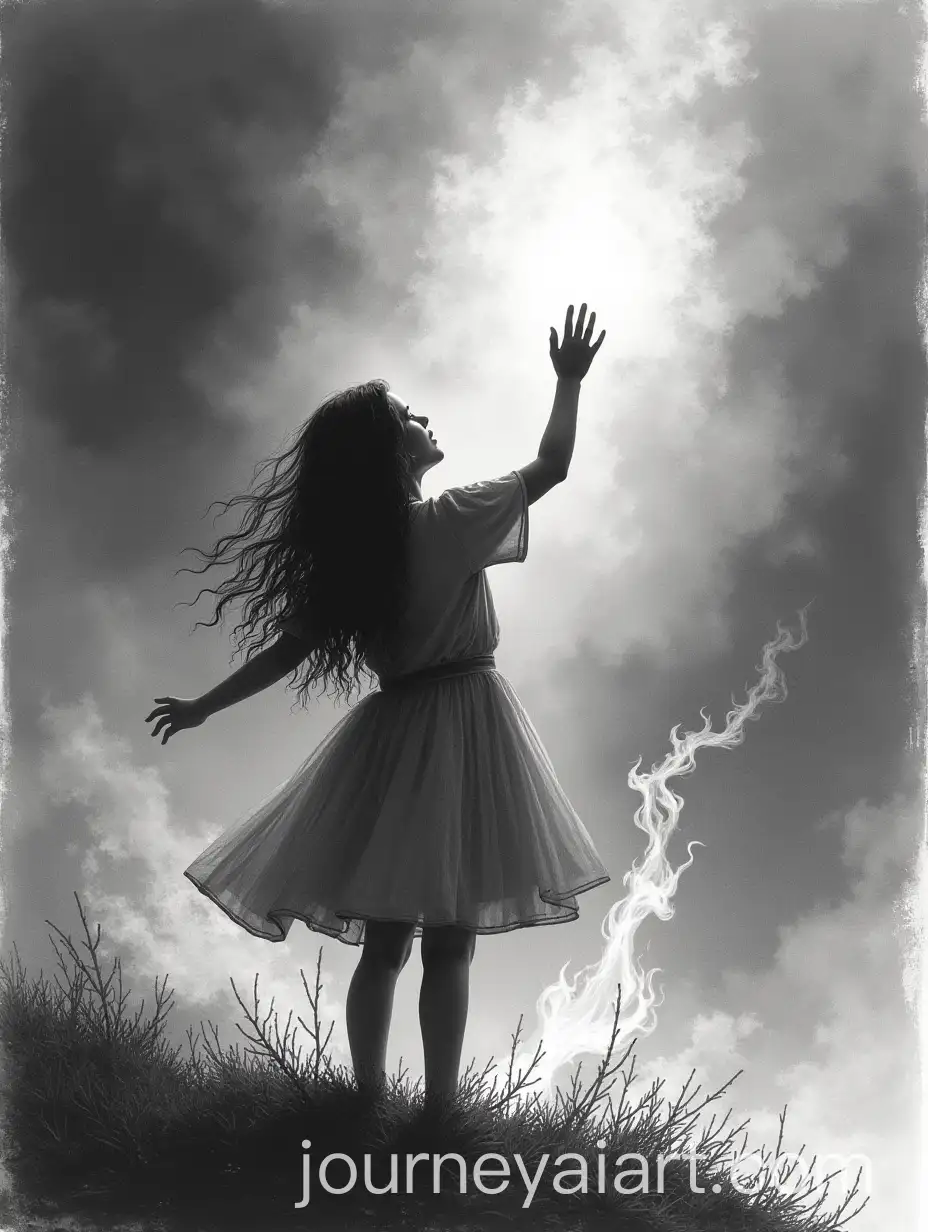 Girl-Reaching-for-the-Sky-Surrounded-by-Flames-and-Smoke-Black-and-Gray-Etching