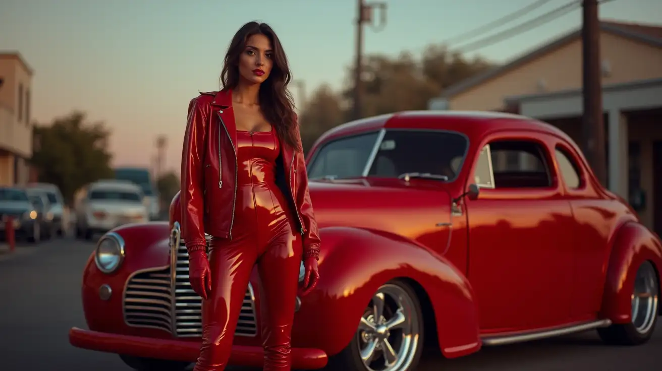 realistic photo, woman standing next to hot rod , wearing red shinny pvc jumpsuit , red shiny pvc jacket , wearing red shinny pvc thigh high boots , red shinny pvc long gloves , in californian street at dusk