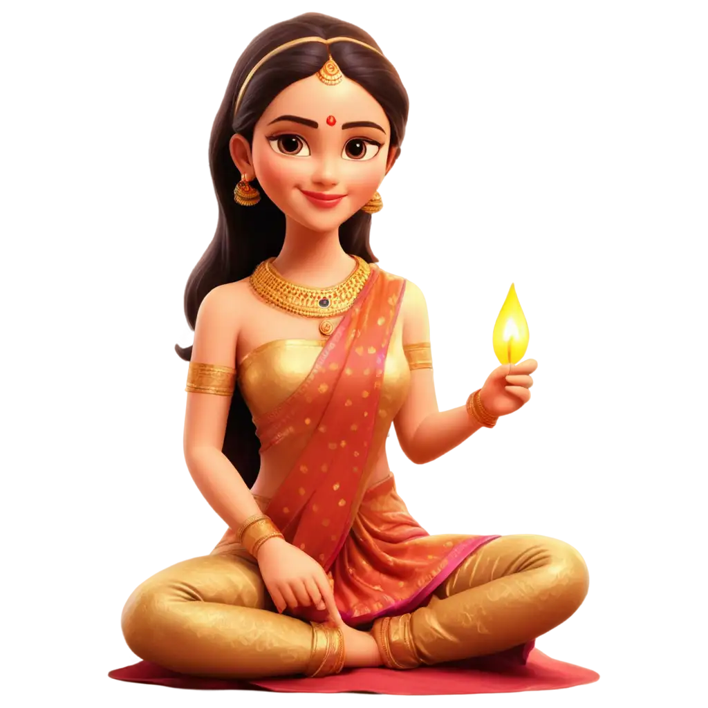 Vibrant-Cartoon-PNG-of-a-Girl-in-Indian-Saree-with-Jewelry-and-Diya