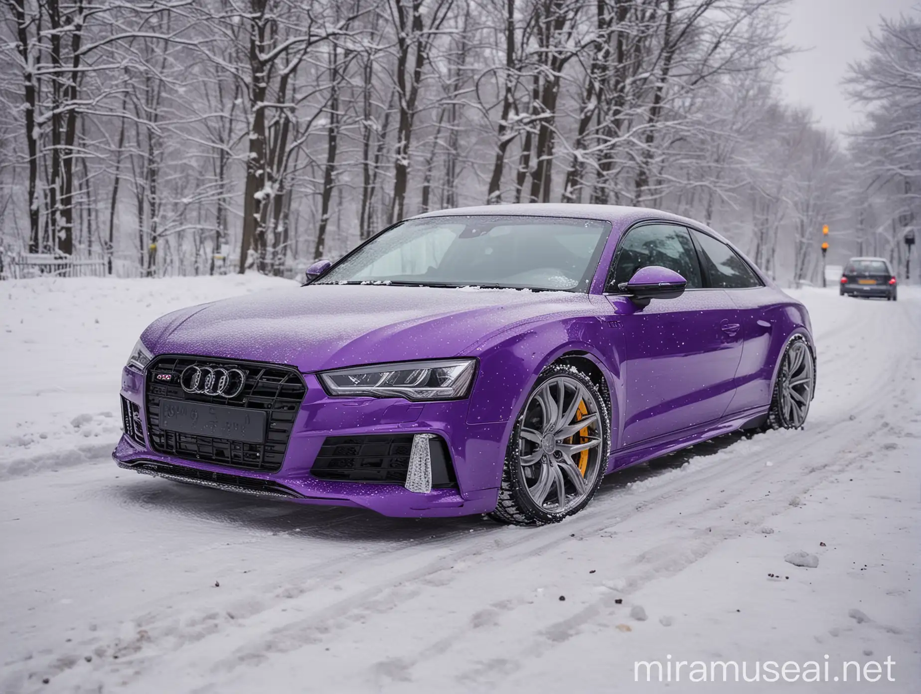 Shiny Purple Audi Car Parked in Snowy Landscape