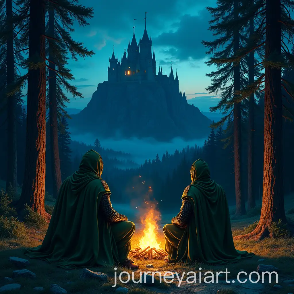 MedMedieval-Knights-by-Campfireieval-Knights-by-Campfire-Overlooking-Gothic-Castle-in-Pine-Forest-at-Night