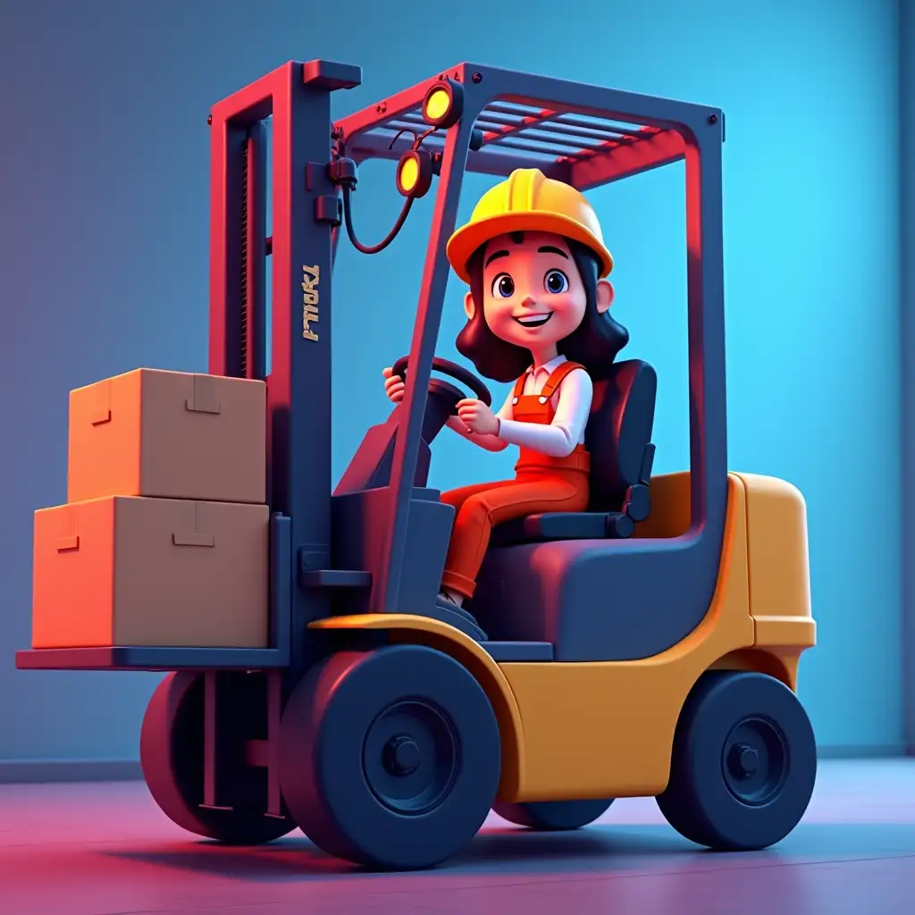 2D animation style . Forklift carries boxes, a girl is sitting at the wheel. The girl's age is 27, wearing a yellow helmet and work overalls, looking at us with a wide smile on her face, cartoonish appearance. Neon background, blue, pink color. Image in the distance full length