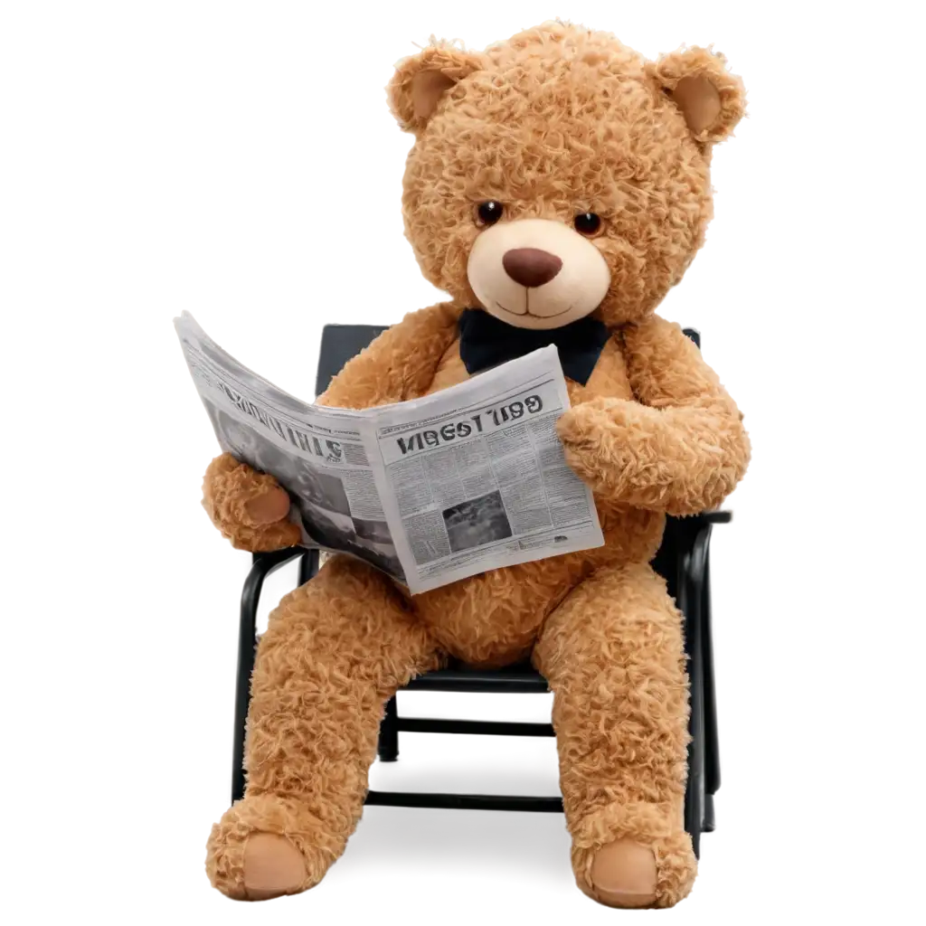 A teddy bear sitting in a chair and reading a newspaper