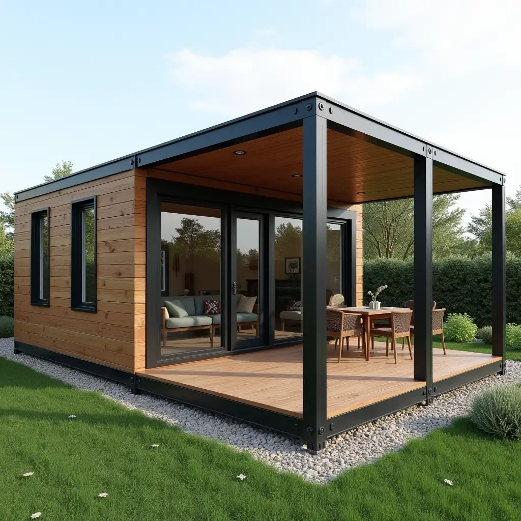 Modern-Container-House-with-Composite-Deck-and-Steel-Frame-in-a-Garden-Setting