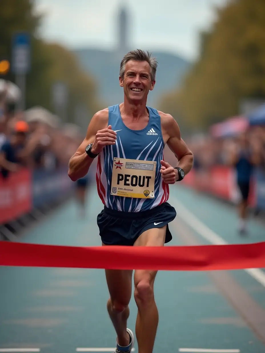 A runner crossing the finish line of a marathon, with a crowd cheering behind. His face reflects a mix of exhaustion and happiness, highlighting the effort necessary to fulfill a dream