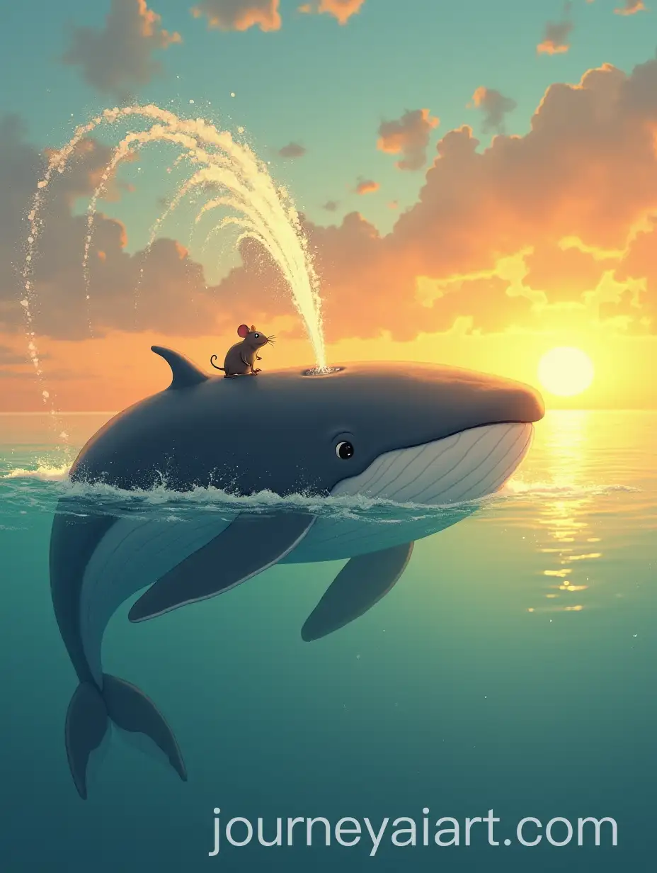Whale-and-Mouse-Best-Friends-Swimming-in-the-Sunset-with-Water-Spray