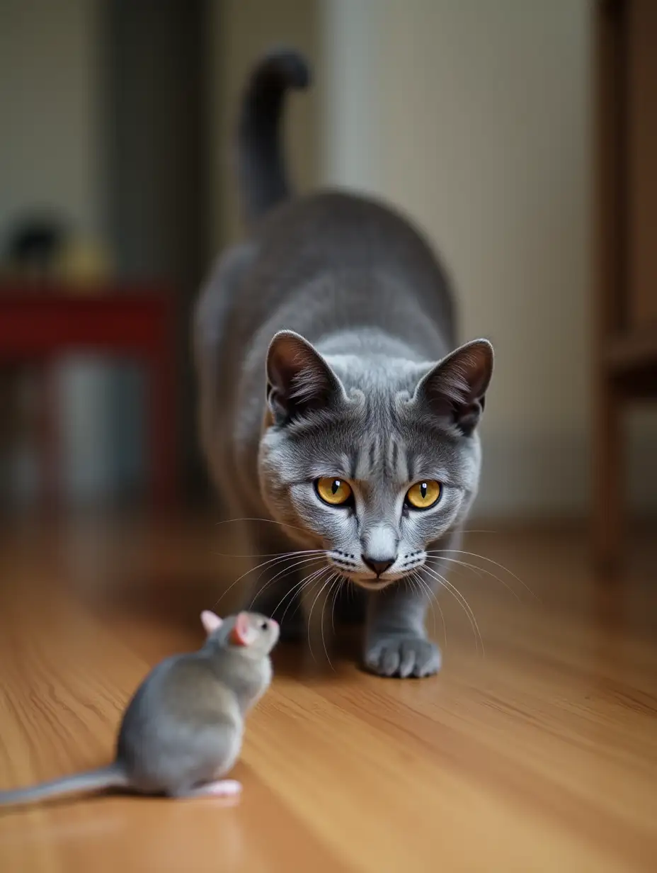 a gray cat is catching mice at home