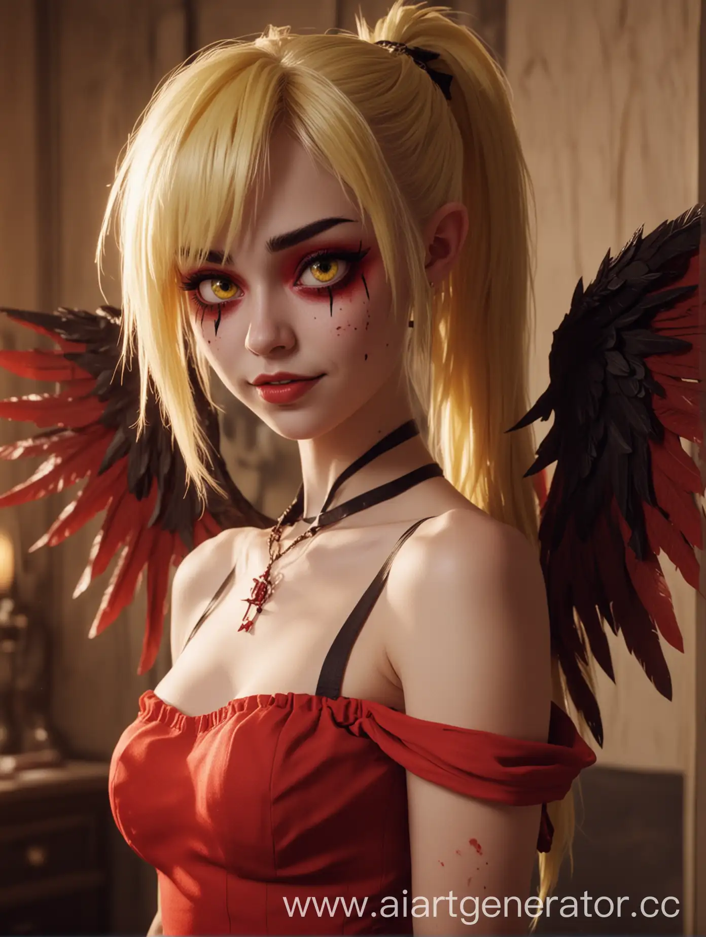 Elegant-Demon-Girl-with-Fangs-and-Wings-in-Red-Dress