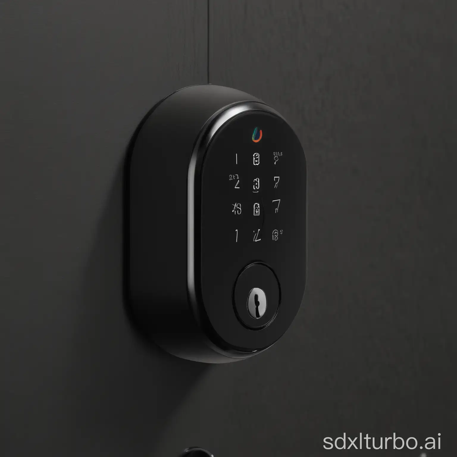 Modern-Black-Metal-Smart-Lock-on-a-Wooden-Door-with-Advanced-Security-Features