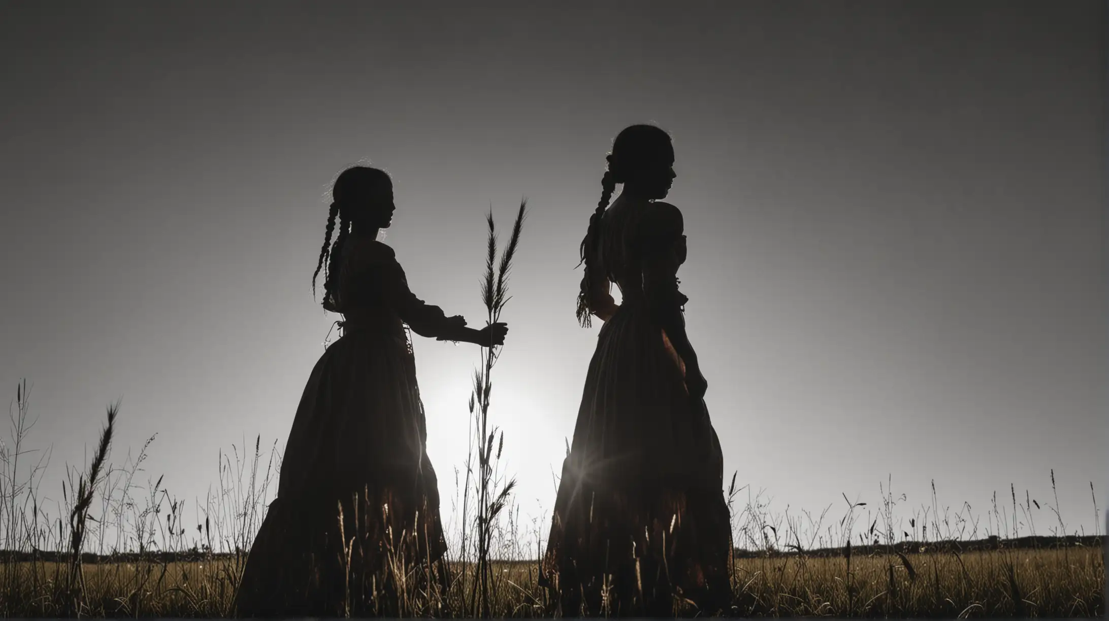 Silhouette of Metis Native Woman in French Dress on Prairie Field