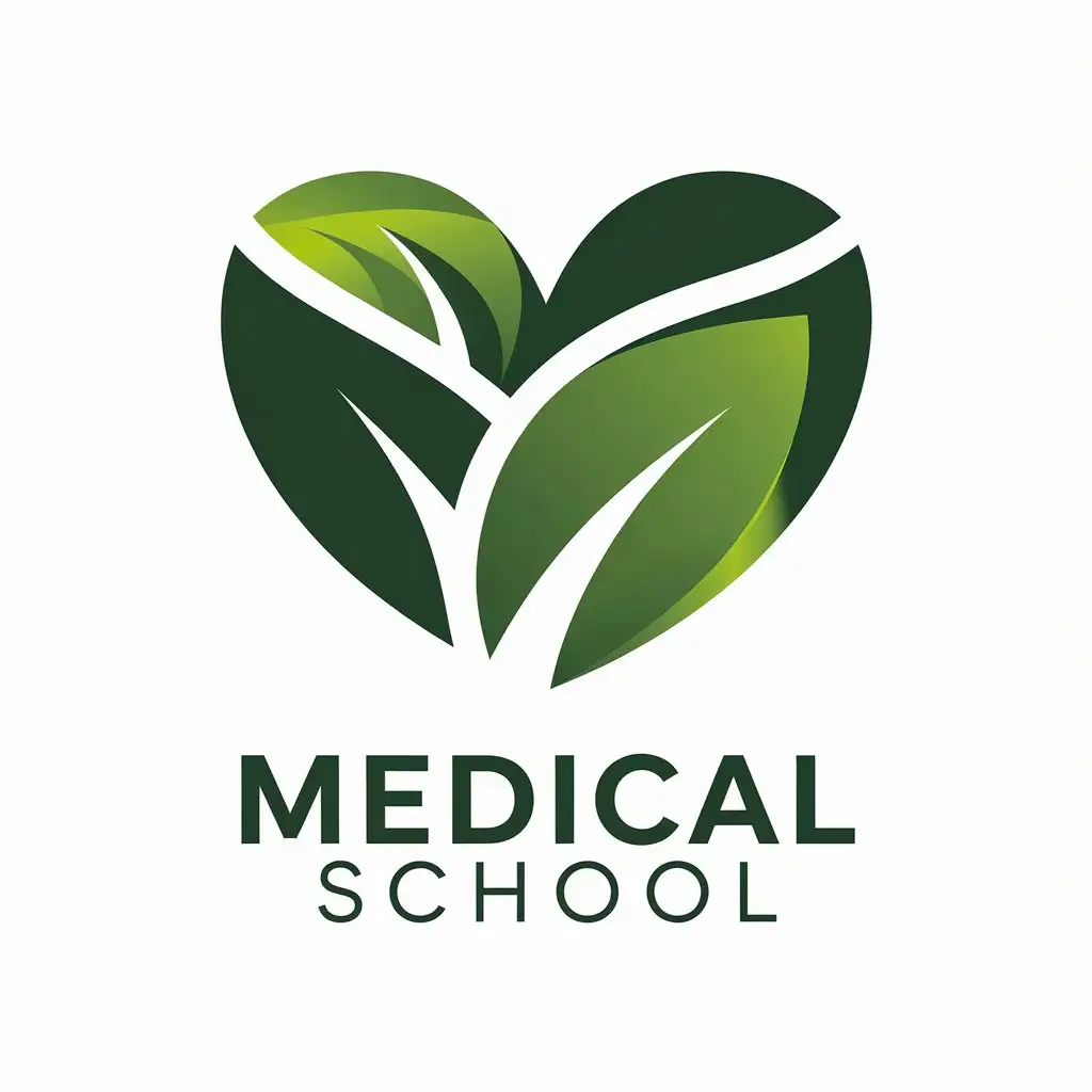 a vector logo design,with the text "medical school", main symbol:Green leaf love heart,Moderate,be used in Others industry,clear background