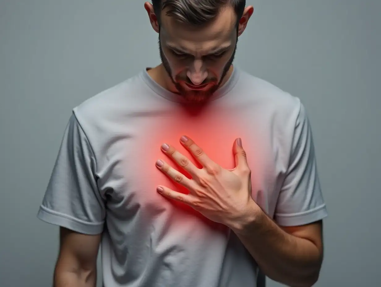 Man-with-Chest-Pain-Touching-Inflammed-Zone-Grey-Background