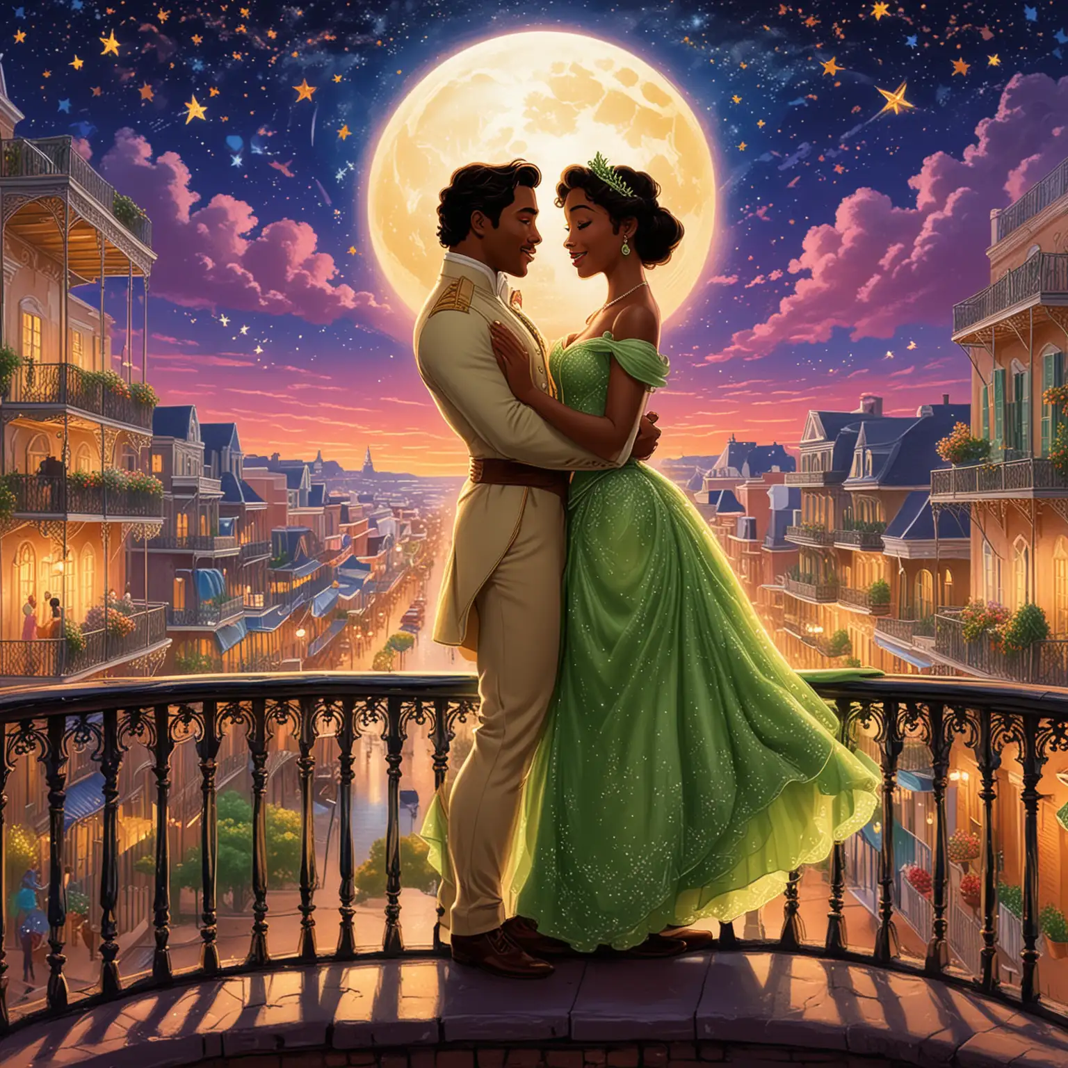 Princess Tiana and Prince Naveen dancing on a moonlit balcony overlooking the vibrant city of New Orleans, their silhouettes illuminated by the soft glow of the moon, the night sky dotted with stars, Illustration, digital art with intricate line work and vibrant colors, emphasizing the romantic atmosphere, --ar 16:9 --v 5