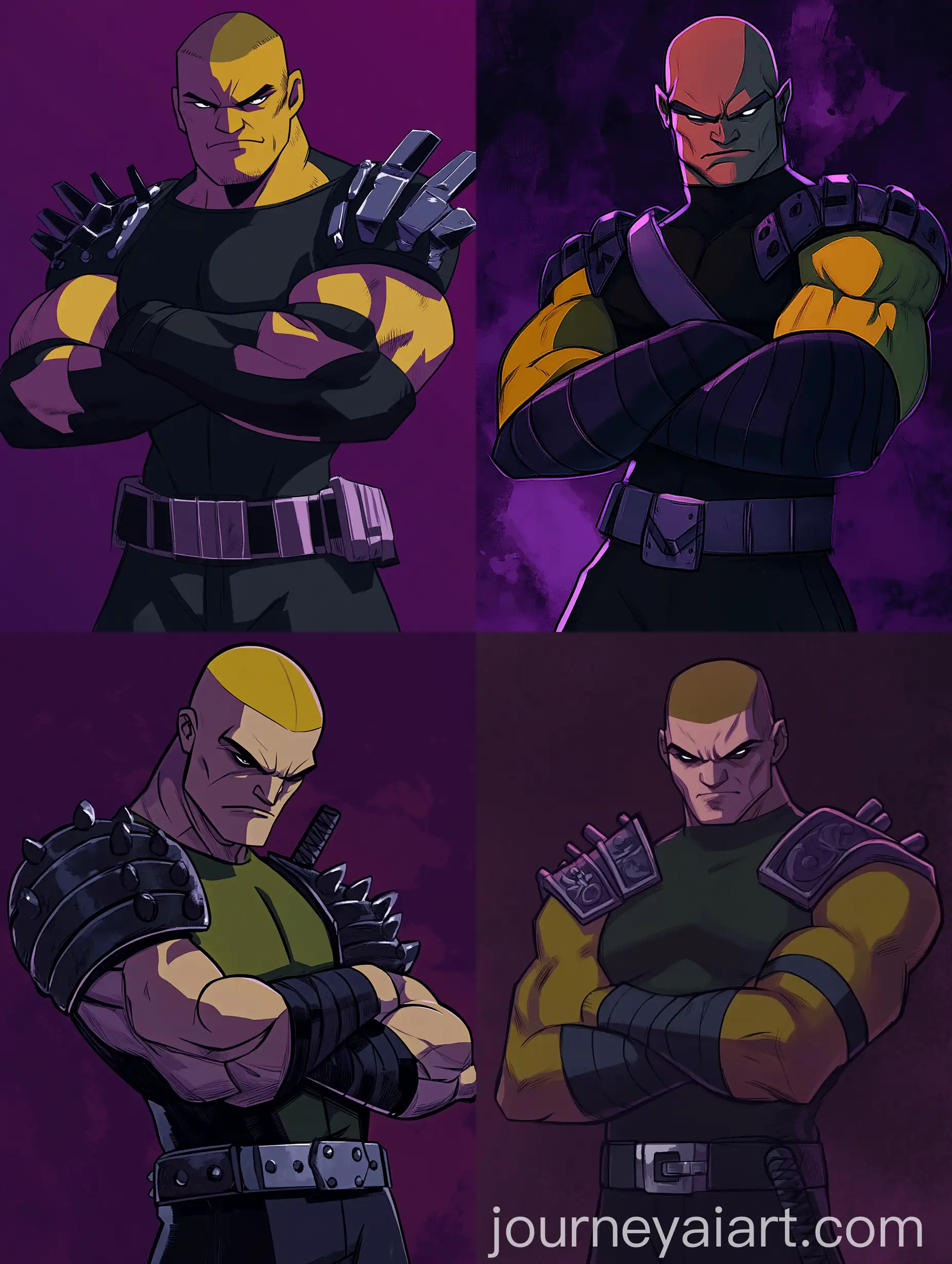 Bald-Man-in-Leather-Jacket-with-Iron-Shoulder-Guards-in-Dark-Purple-Background