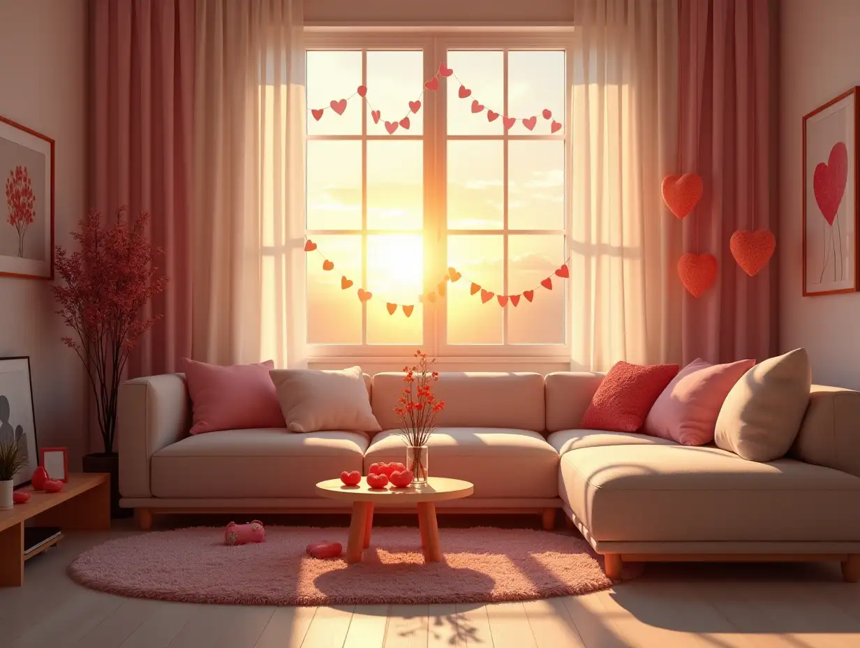 Modern-Living-Room-Adorned-with-Minimalist-Valentine-Decorations-at-Sunset