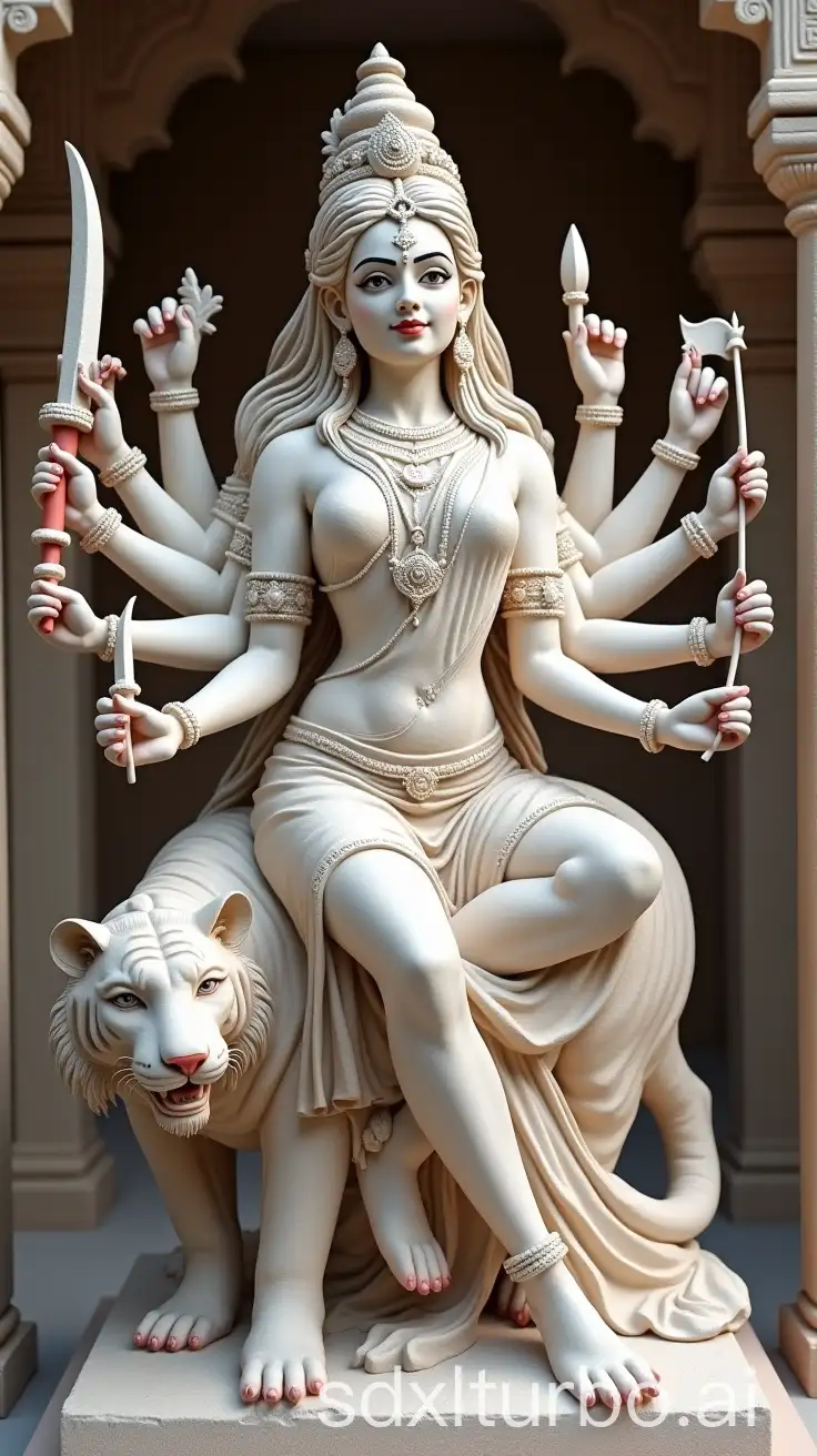 Powerful-Goddess-Chandraghanta-in-White-and-Red-Saree-Armed-and-Blessing