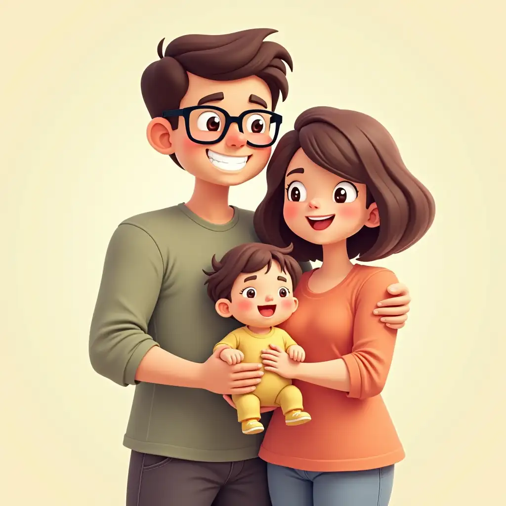 A father with glasses with a shorter mother, and only 2 adorable boys, one toddler 3 years old,  one baby, cute, adorable, caring, happy family, 3D cartoon style.