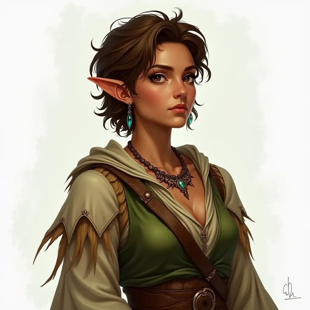 Elf druid, druid costume, short brown hair, tanned skin, pointed ears, realistic style