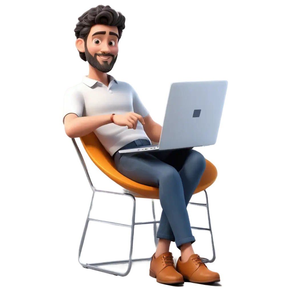 3D-Character-Man-Sitting-in-Spherical-Chair-with-Laptop-PNG-Illustration