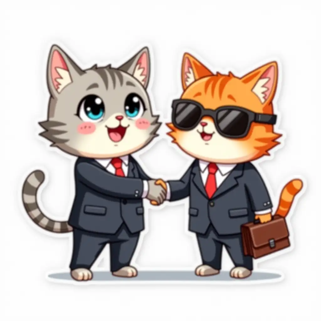 Curvilinearly cut UV laminated sticker depicting kawaii positive little happy light gray cat in a business suit with a briefcase in his hands, he shakes hands with another red-haired cat in sunglasses with glare, a business suit and a briefcase in his hands. die cut sticker design top-view, high resolution, vector art,  white background, paint in anime style