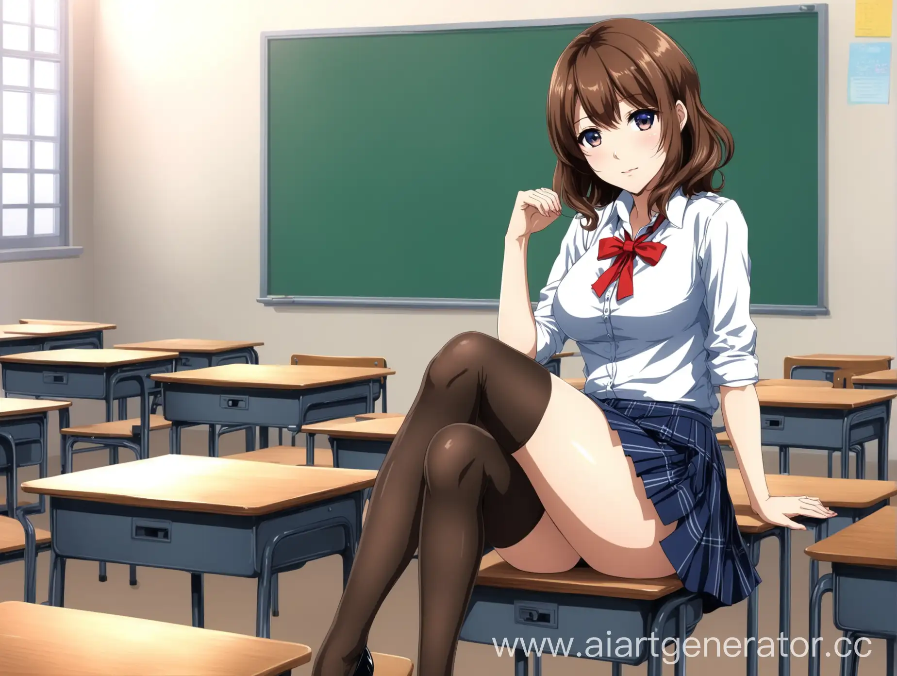 A beautiful anime-style teacher with brown hair, dressed in a short skirt and shirt, stockings and heels on her feet, she is sitting on a table in a school classroom