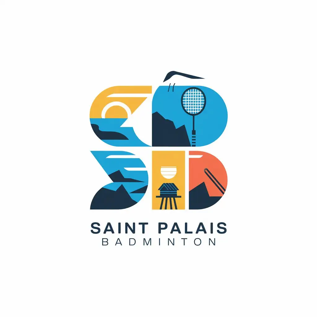 LOGO Design for Saint Palais Badminton Geometric Coastal Rocks Sunset Fishing Hut Seagull Badminton Racket Theme